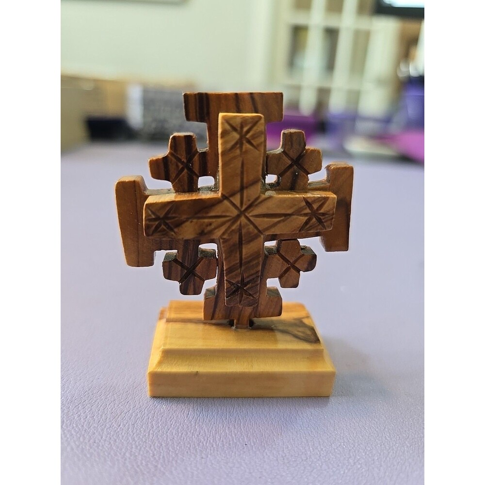 Jerusalem Cross- Olive wood Hand made in holy land with stand size:3.5"x2"
